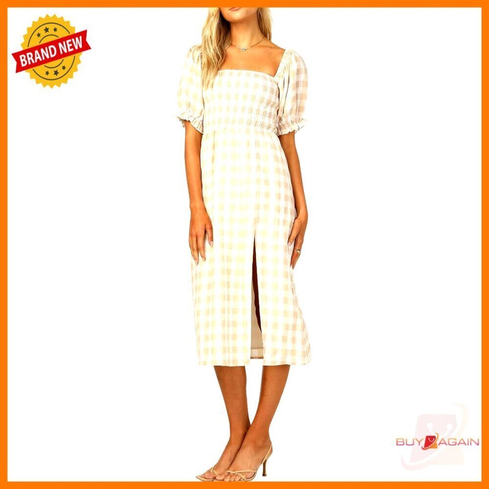 Cotton Plaid Puff Sleeve Dress Off-Shoulder Boho Midi Casual Summer Chic